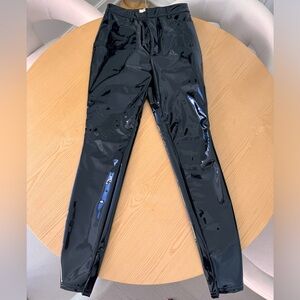 Black latex nylon straight leg pants